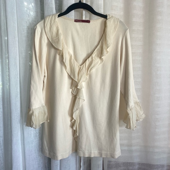 Barbara Lesser Fibers Size L Cream Ruffle Trim Flare Sleeves Women Top Blouse - Picture 7 of 7